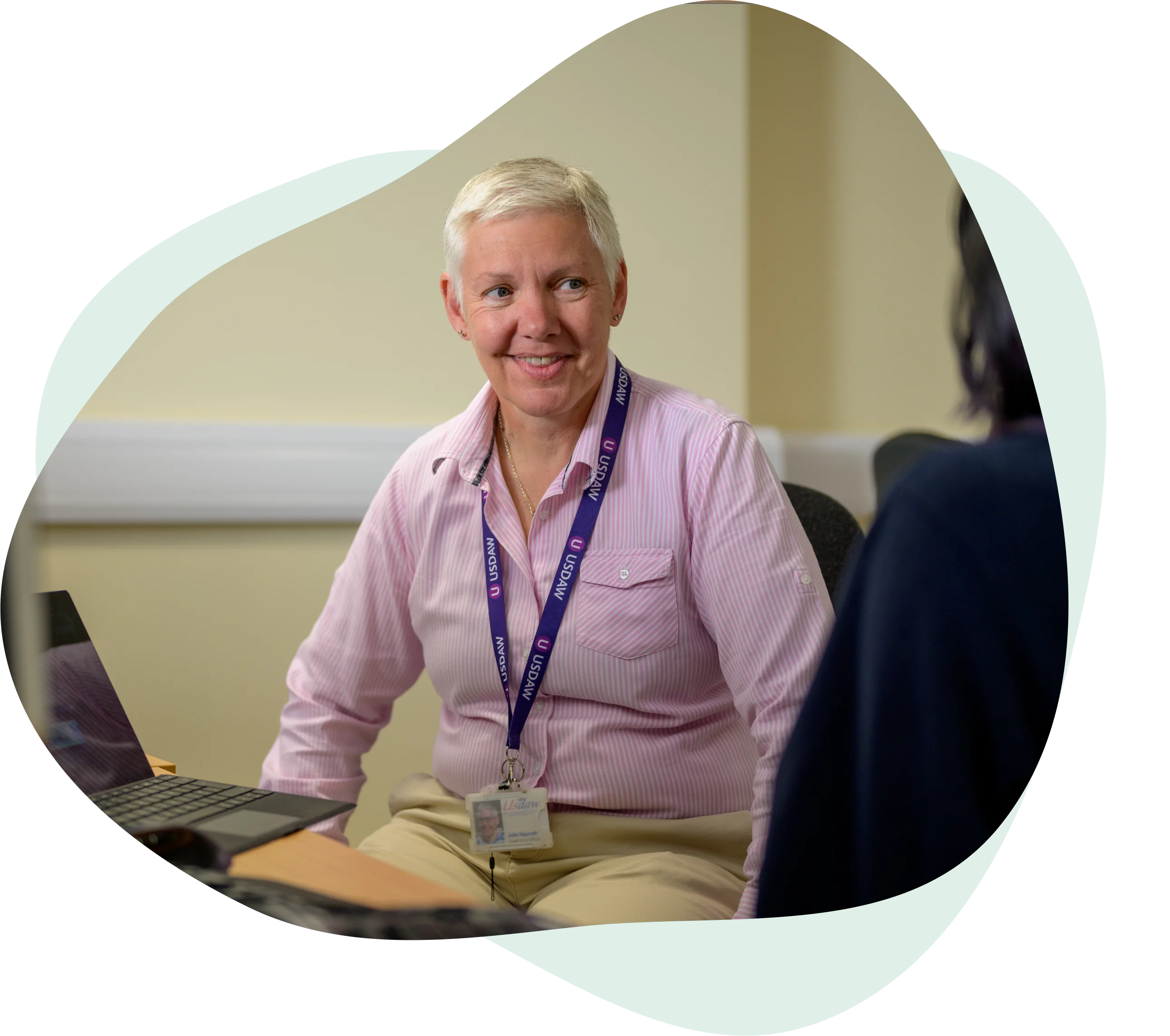 Lady wearing lanyard